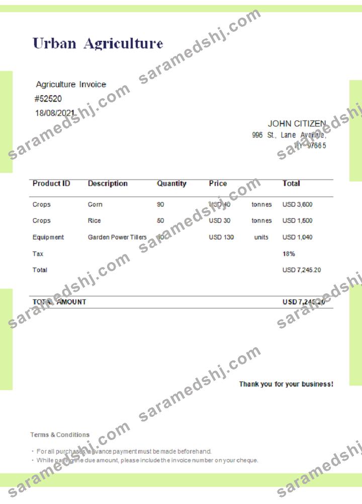USA Urban Agriculture invoice